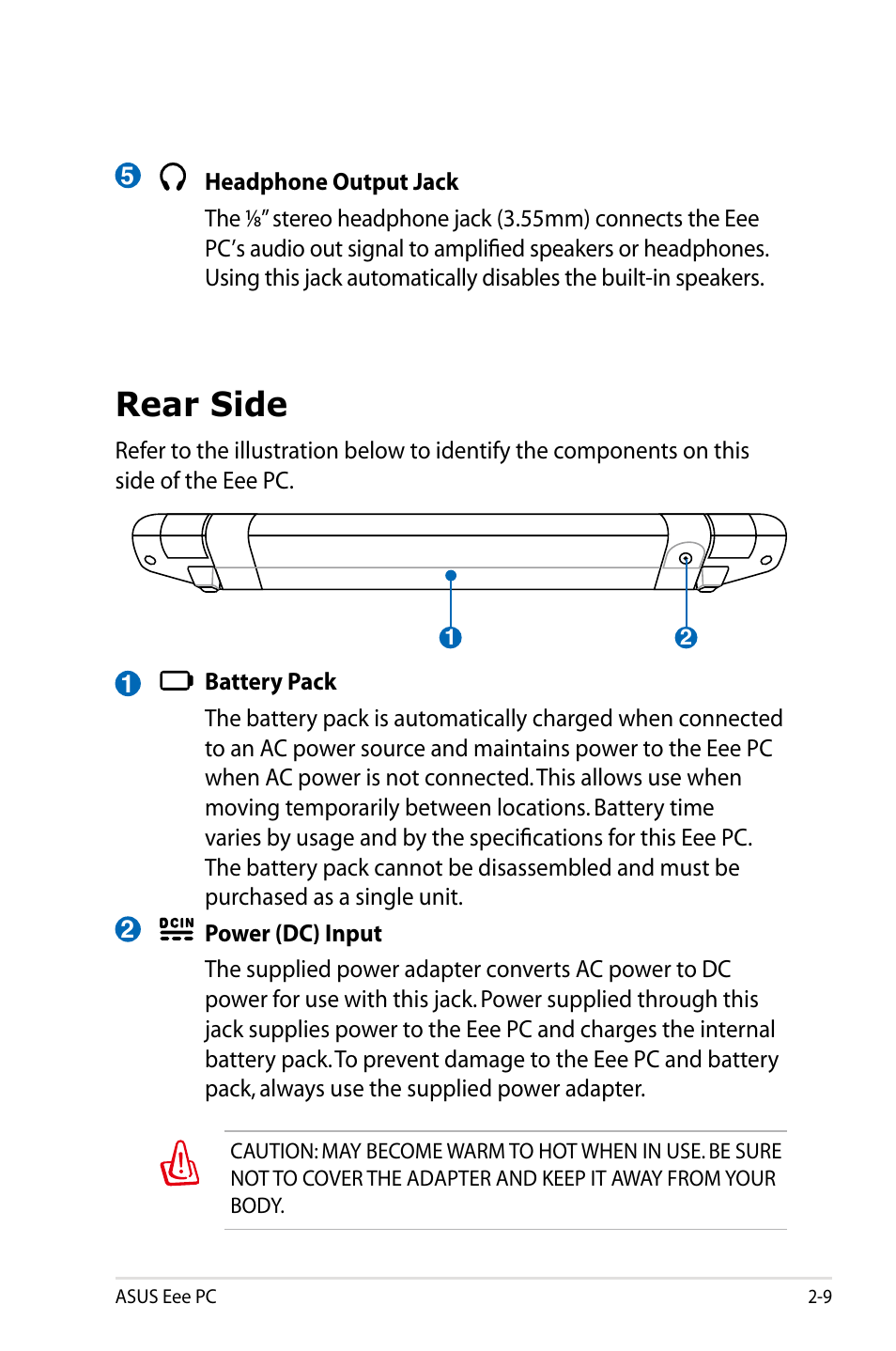 Rear side, Rear side -9 | Asus Eee PC 4G Surf/Linux User Manual | Page 21 / 140