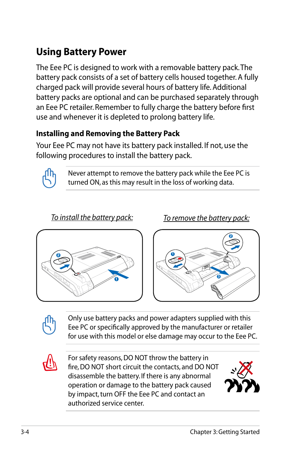 Using battery power, Using battery power -4 | Asus Eee PC 4G Surf/Linux User Manual | Page 26 / 140