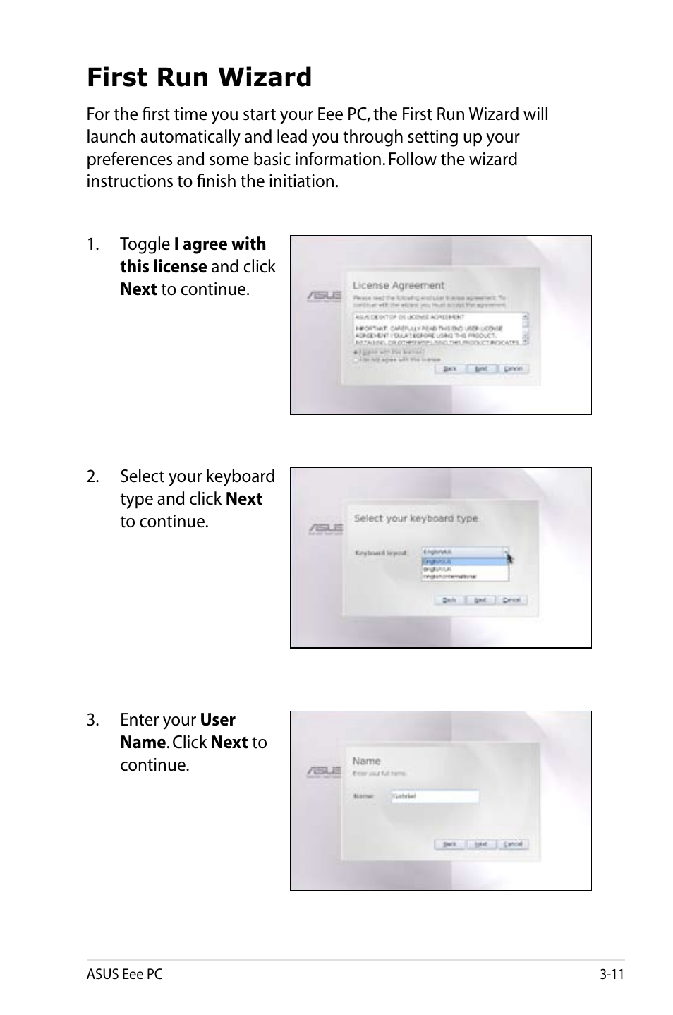 First run wizard, First run wizard -11 | Asus Eee PC 4G Surf/Linux User Manual | Page 33 / 140