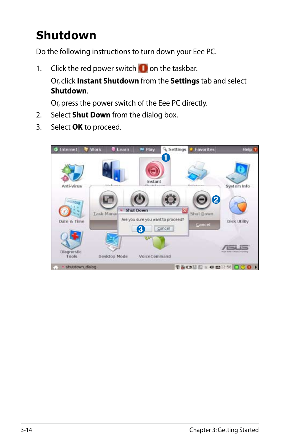 Shutdown, Shutdown -14 | Asus Eee PC 4G Surf/Linux User Manual | Page 36 / 140