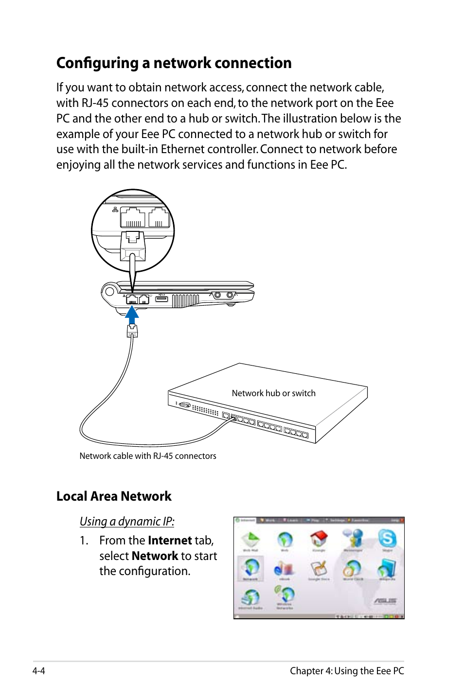 Configuring a network connection, Configuring a network connection -4, Local area network | Asus Eee PC 4G Surf/Linux User Manual | Page 40 / 140