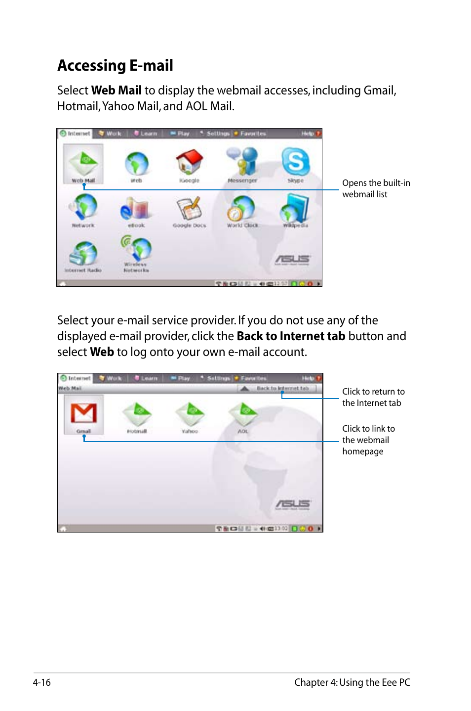 Accessing e-mail, Accessing e-mail -16 | Asus Eee PC 4G Surf/Linux User Manual | Page 52 / 140