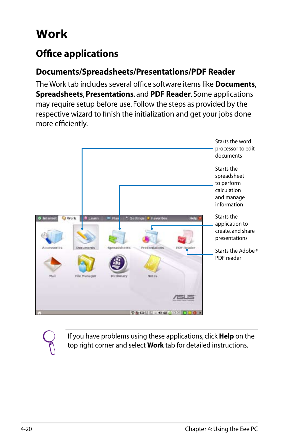 Work, Office applications, Work -20 | Office applications -20, Documents/spreadsheets/presentations/pdf reader | Asus Eee PC 4G Surf/Linux User Manual | Page 56 / 140