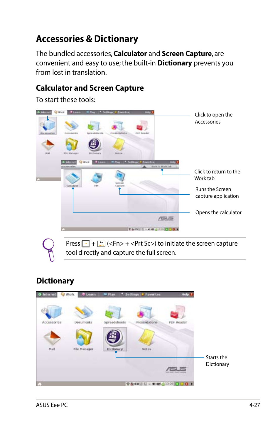 Accessories & dictionary, Accessories & dictionary -27, Calculator and screen capture | Dictionary | Asus Eee PC 4G Surf/Linux User Manual | Page 63 / 140