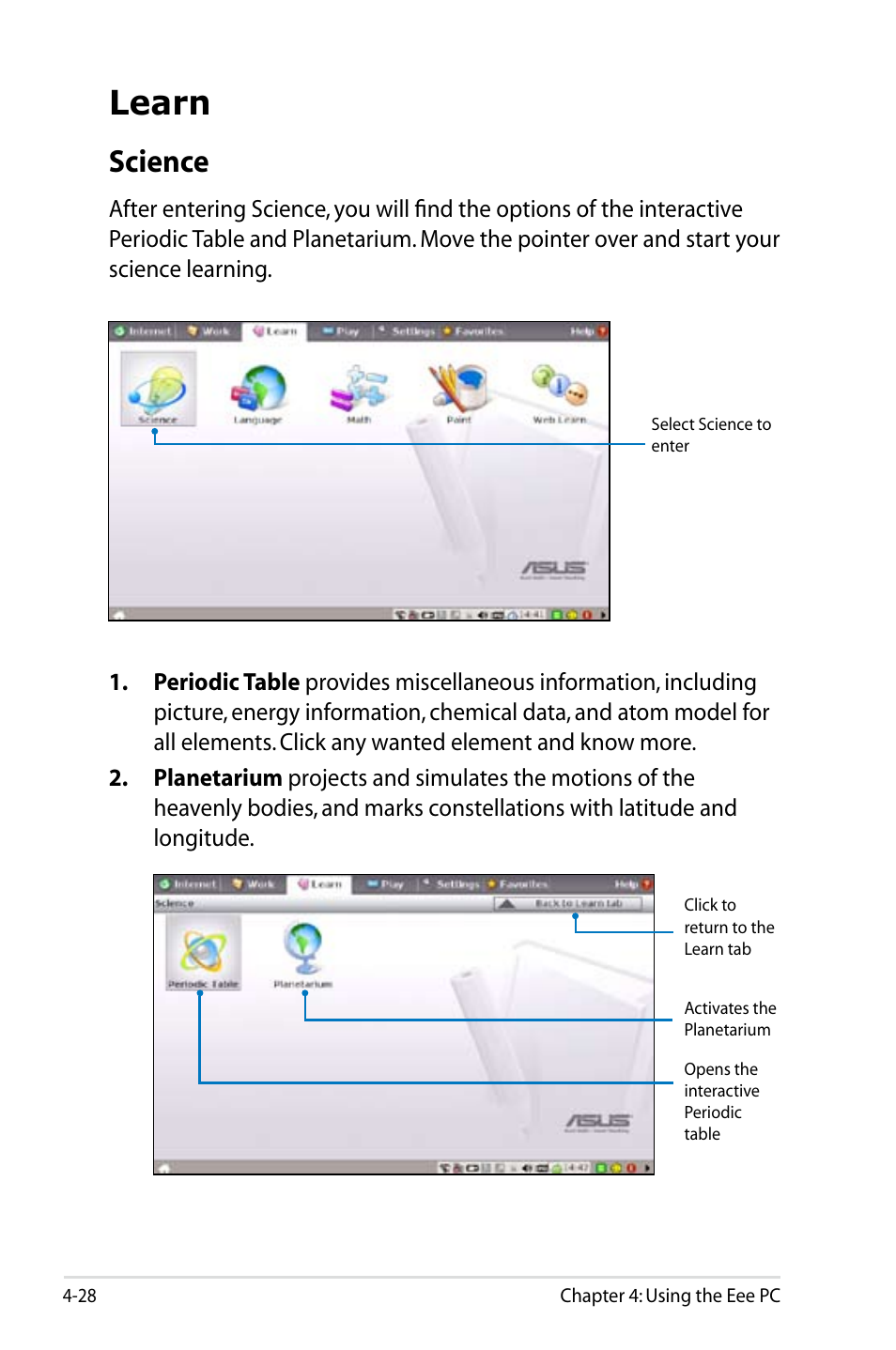 Learn, Science, Learn -28 | Science -28 | Asus Eee PC 4G Surf/Linux User Manual | Page 64 / 140