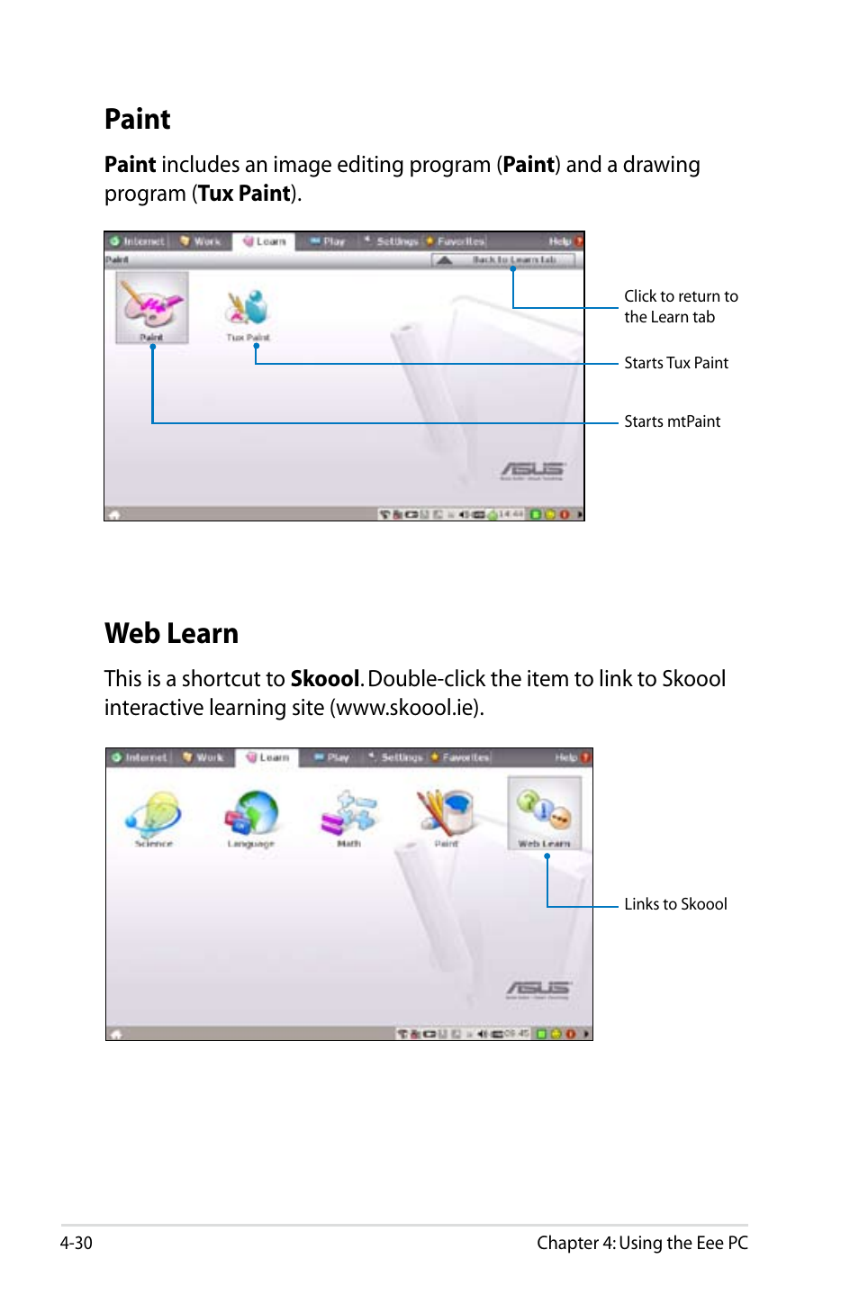 Paint, Web learn, Web learn -30 | Asus Eee PC 4G Surf/Linux User Manual | Page 66 / 140