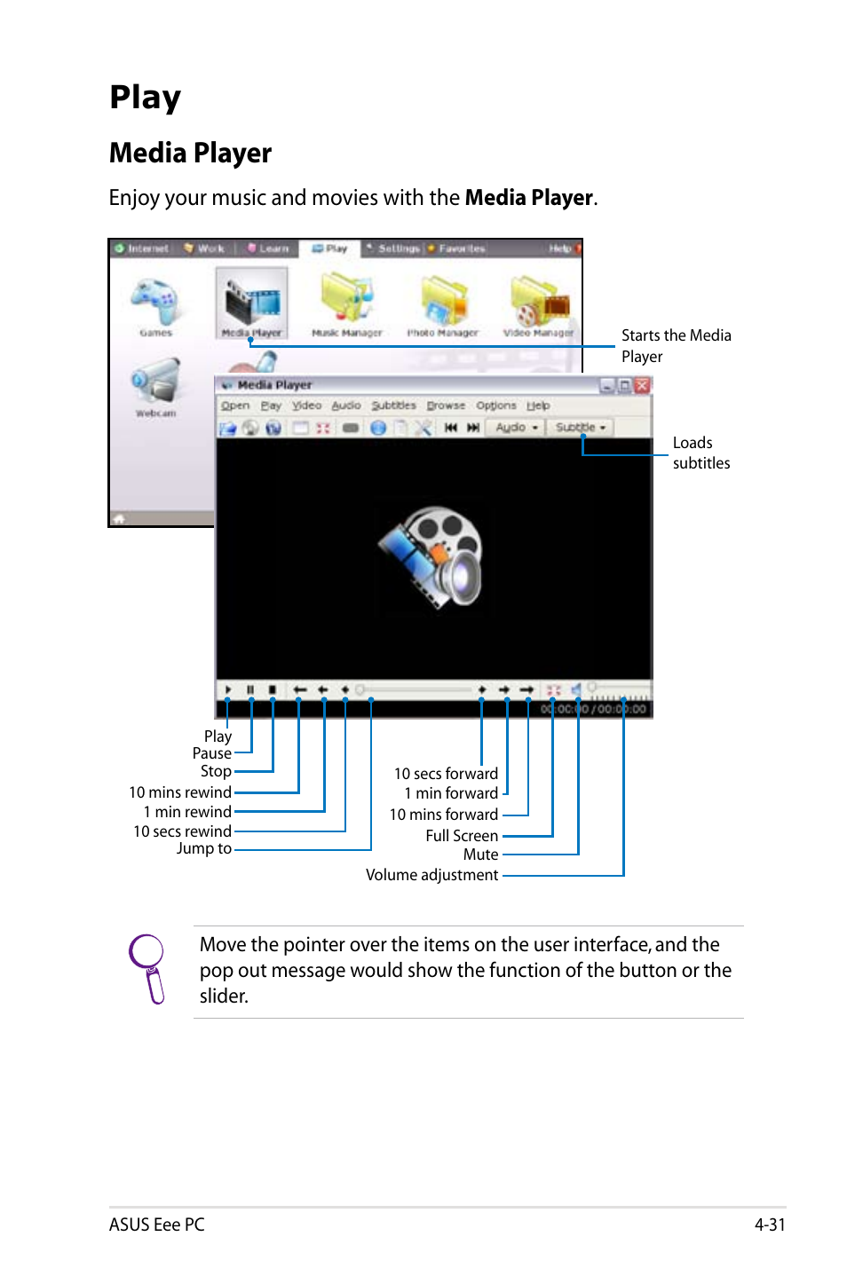 Play, Media player, Play -31 | Media player -31, Enjoy your music and movies with the media player | Asus Eee PC 4G Surf/Linux User Manual | Page 67 / 140