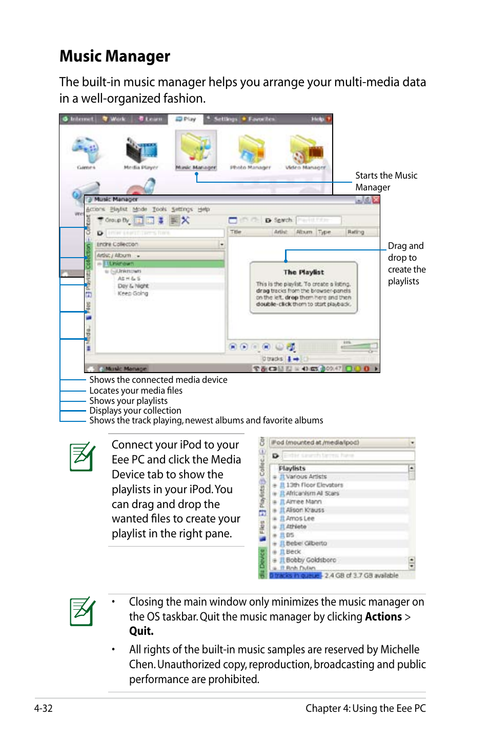 Music manager, Music manager -32 | Asus Eee PC 4G Surf/Linux User Manual | Page 68 / 140