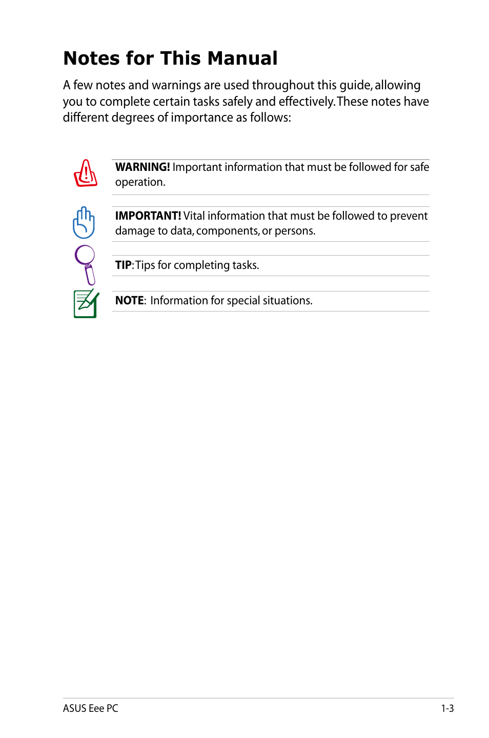 Notes for this manual, Notes for this manual -3 | Asus Eee PC 4G Surf/Linux User Manual | Page 7 / 140