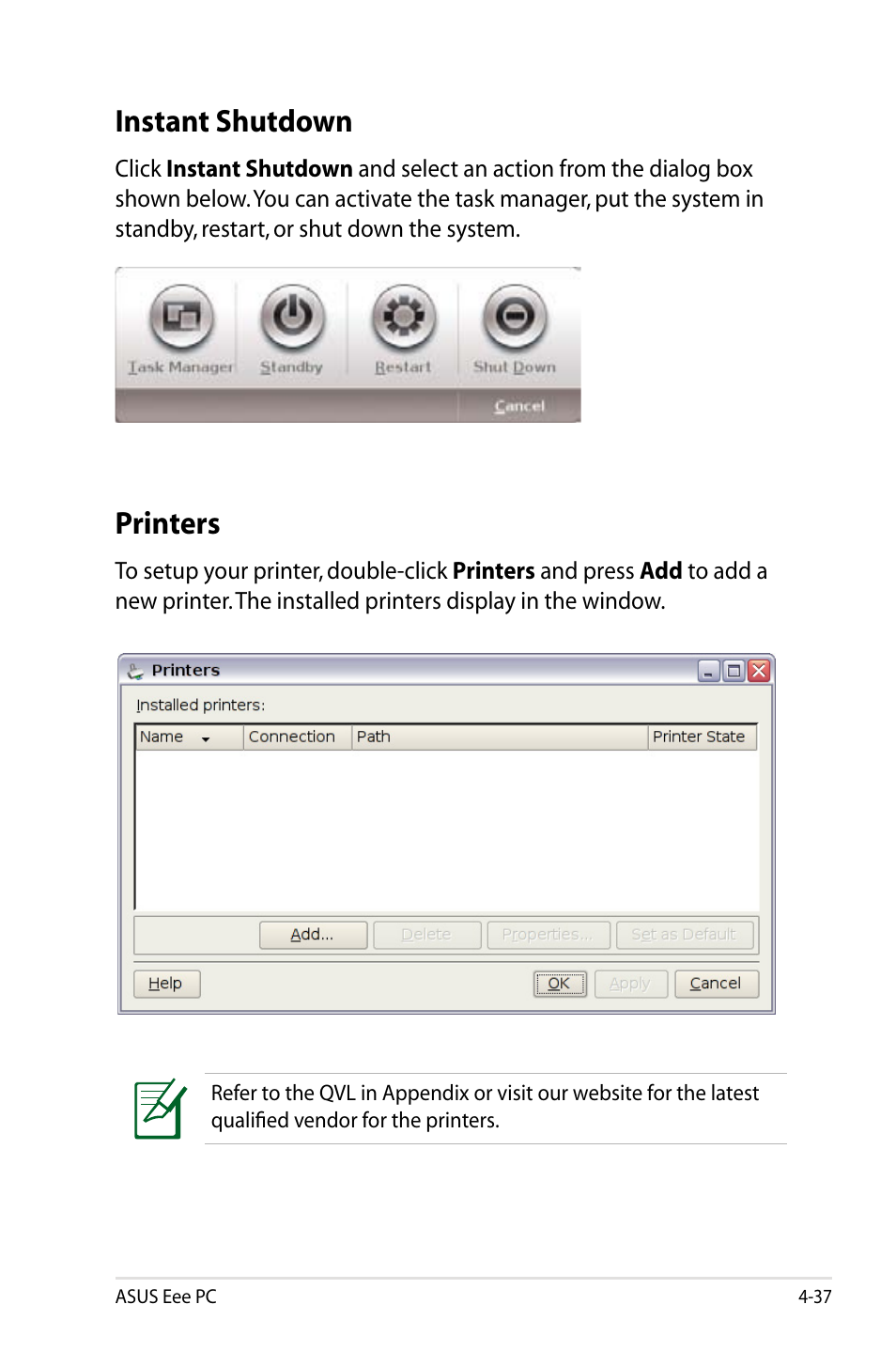 Instant shutdown, Printers, Instant shutdown -37 printers -37 | Asus Eee PC 4G Surf/Linux User Manual | Page 73 / 140