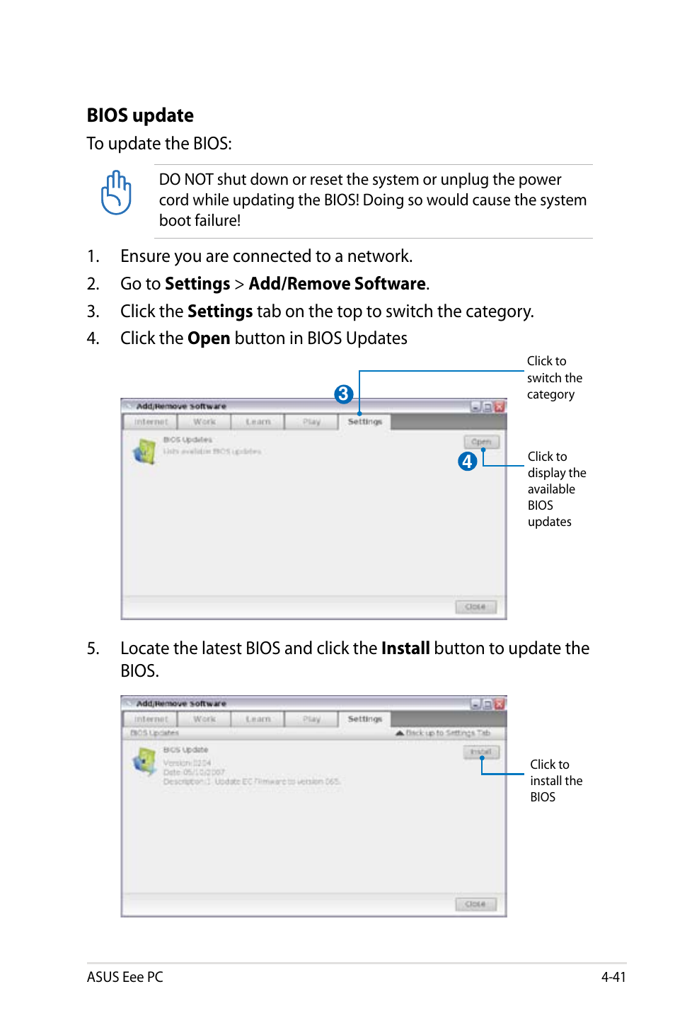 Bios update | Asus Eee PC 4G Surf/Linux User Manual | Page 77 / 140