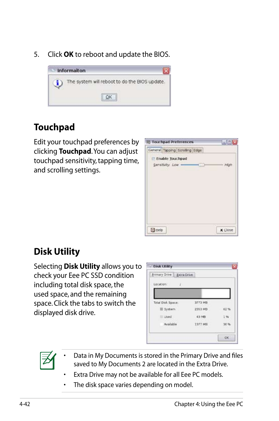 Touchpad, Disk utility, Touchpad -42 disk utility -42 | Asus Eee PC 4G Surf/Linux User Manual | Page 78 / 140