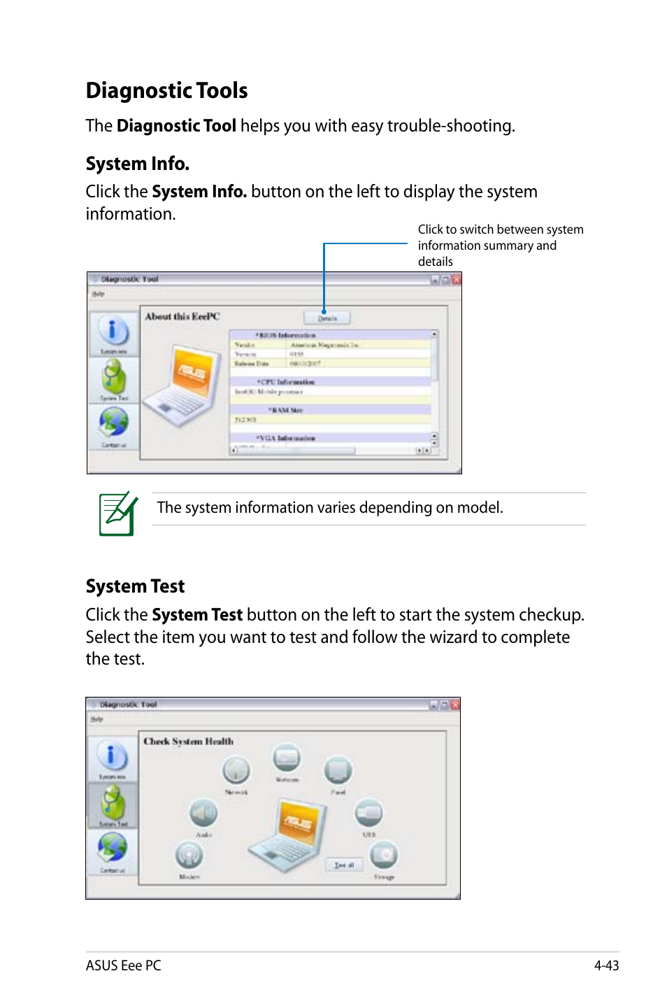 Diagnostic tools, Diagnostic tools -43 | Asus Eee PC 4G Surf/Linux User Manual | Page 79 / 140