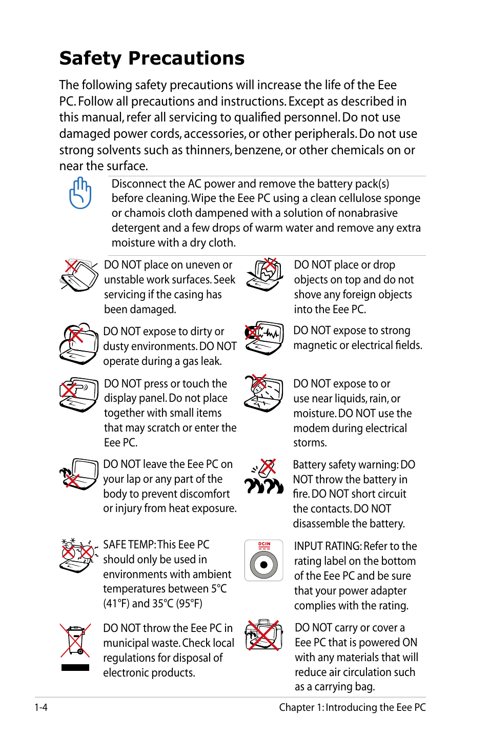 Safety precautions, Safety precautions -4 | Asus Eee PC 4G Surf/Linux User Manual | Page 8 / 140