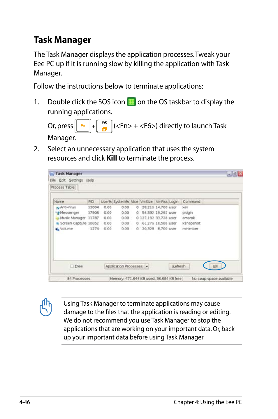 Task manager, Task manager -46 | Asus Eee PC 4G Surf/Linux User Manual | Page 82 / 140