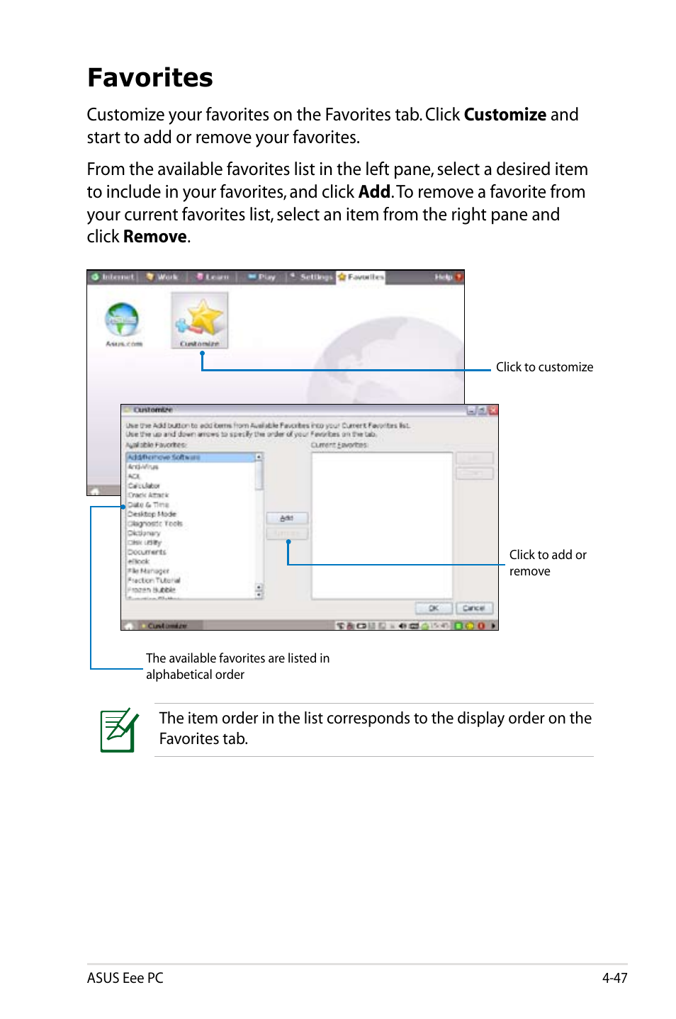 Favorites, Favorites -47 | Asus Eee PC 4G Surf/Linux User Manual | Page 83 / 140