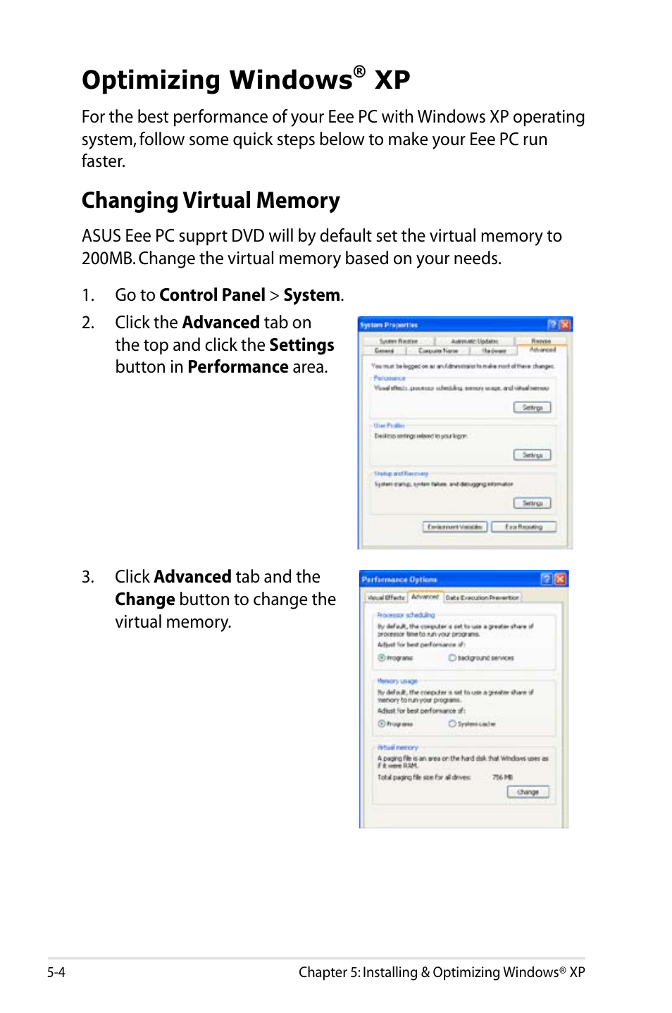 Optimizing windows® xp, Changing virtual memory, Optimizing windows | Xp -4, Changing virtual memory -4 | Asus Eee PC 4G Surf/Linux User Manual | Page 88 / 140