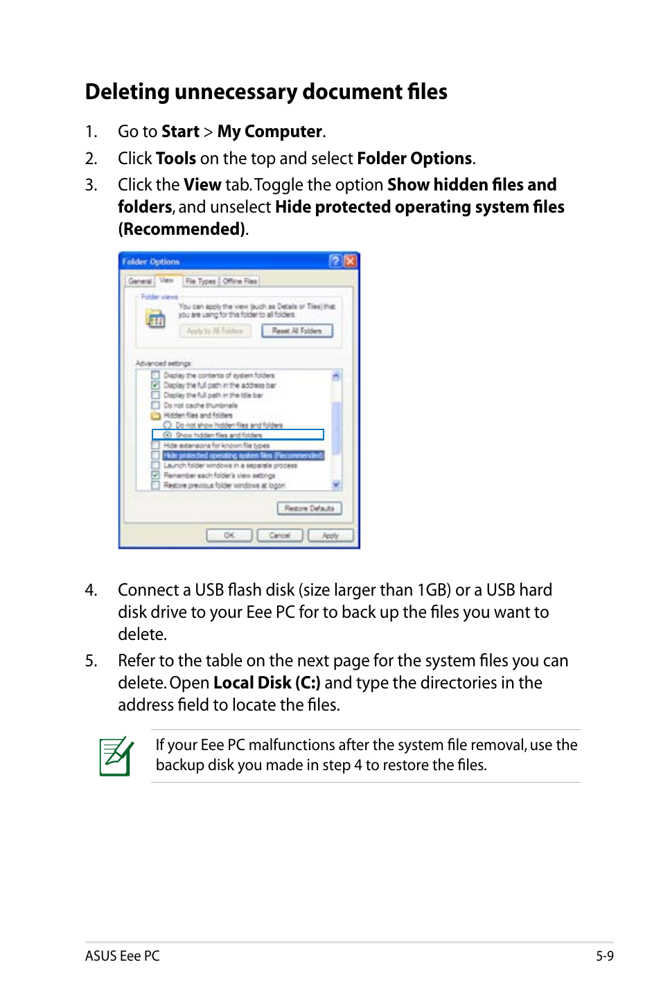 Deleting unnecessary document files, Deleting unnecessary document files -9 | Asus Eee PC 4G Surf/Linux User Manual | Page 93 / 140