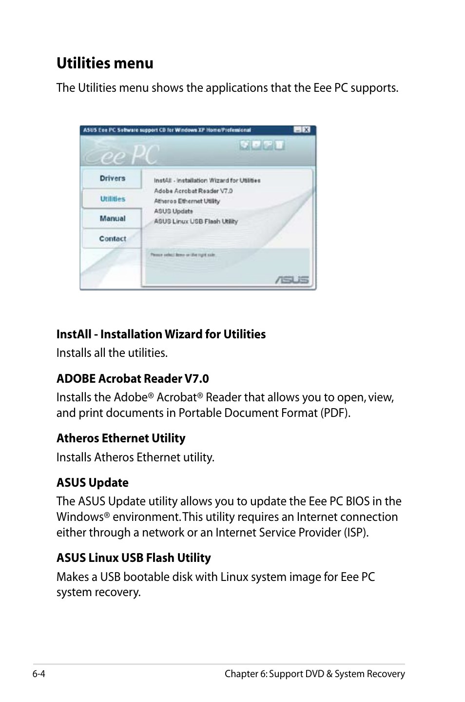 Utilities menu, Utilities menu -4 | Asus Eee PC 4G Surf/Linux User Manual | Page 98 / 140