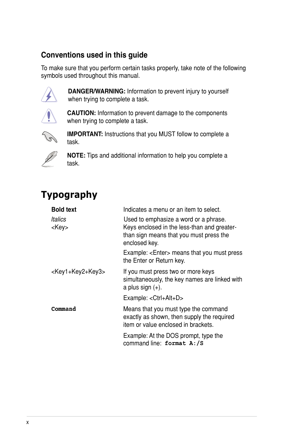 Typography, Conventions used in this guide | Asus Z8PH-D12 SE/QDR User Manual | Page 10 / 178