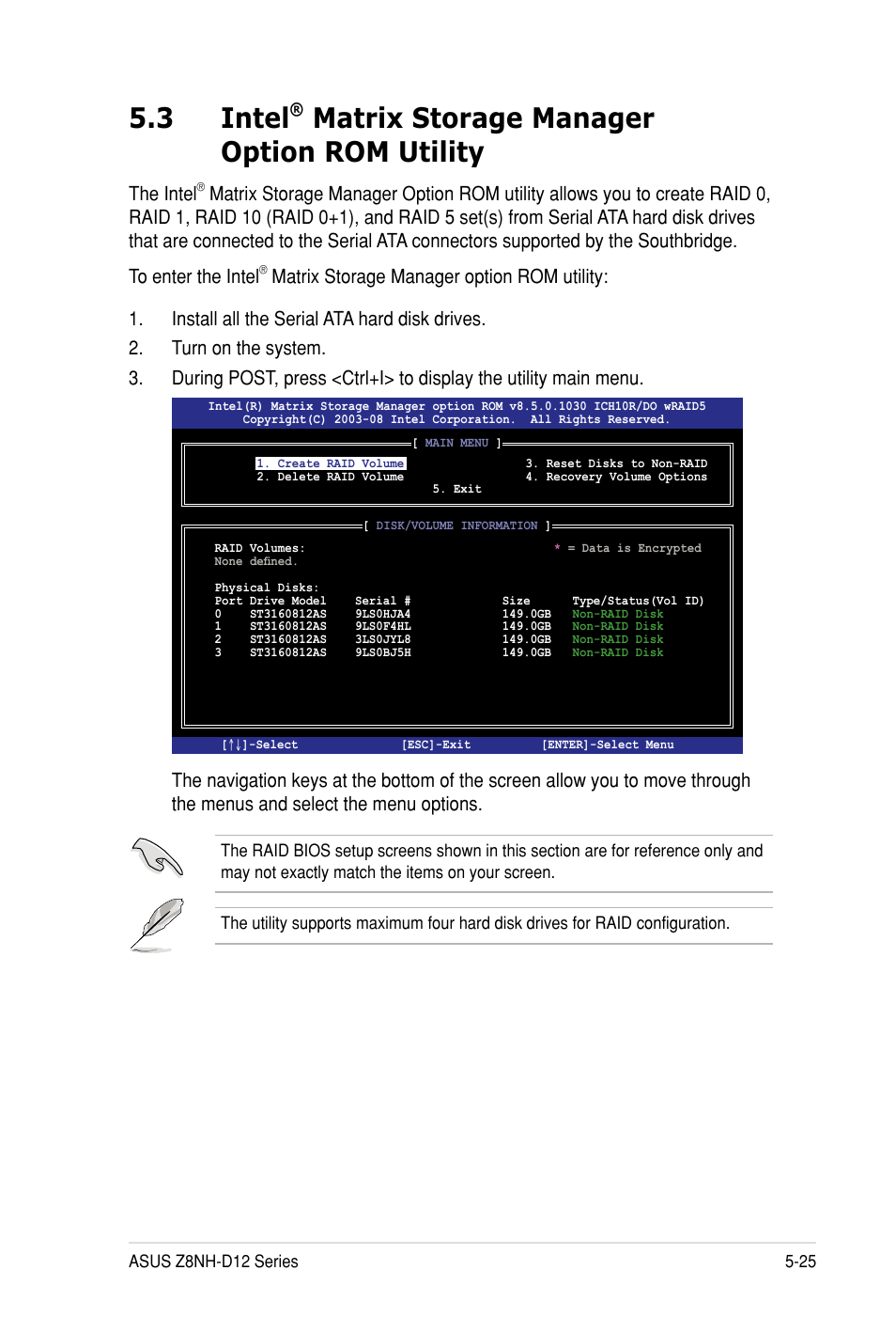 3 intel, Matrix storage manager option rom utility, The intel | Asus Z8PH-D12 SE/QDR User Manual | Page 125 / 178