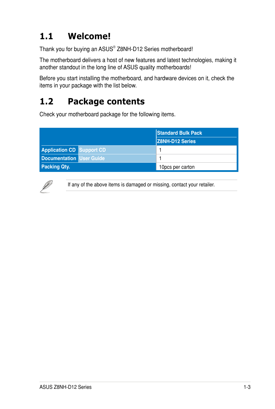 1 welcome, 2 package contents | Asus Z8PH-D12 SE/QDR User Manual | Page 15 / 178