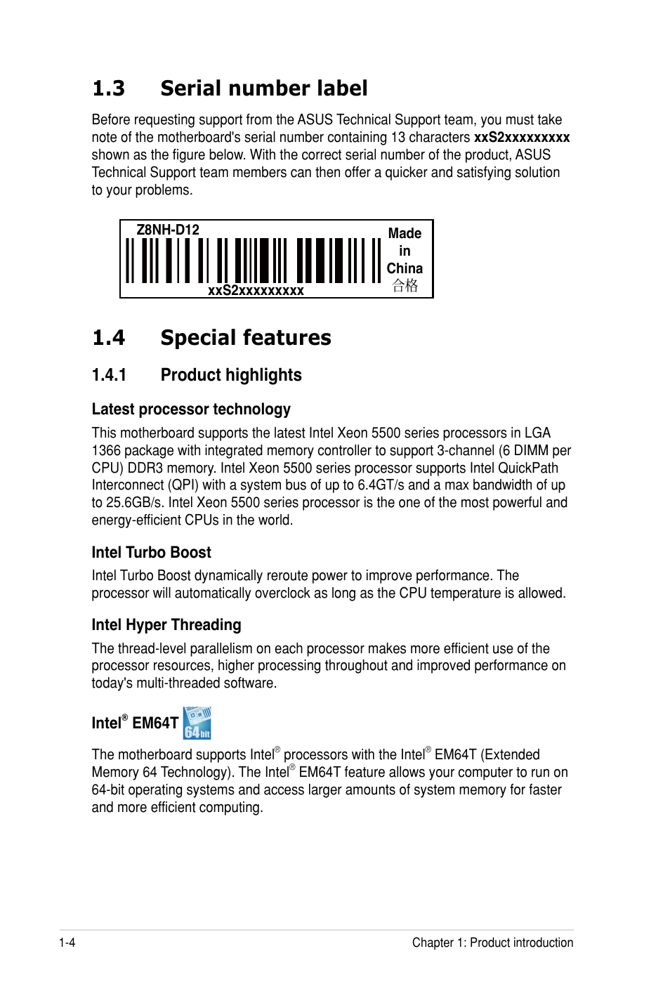 4 special features, 3 serial number label, 1 product highlights | Asus Z8PH-D12 SE/QDR User Manual | Page 16 / 178