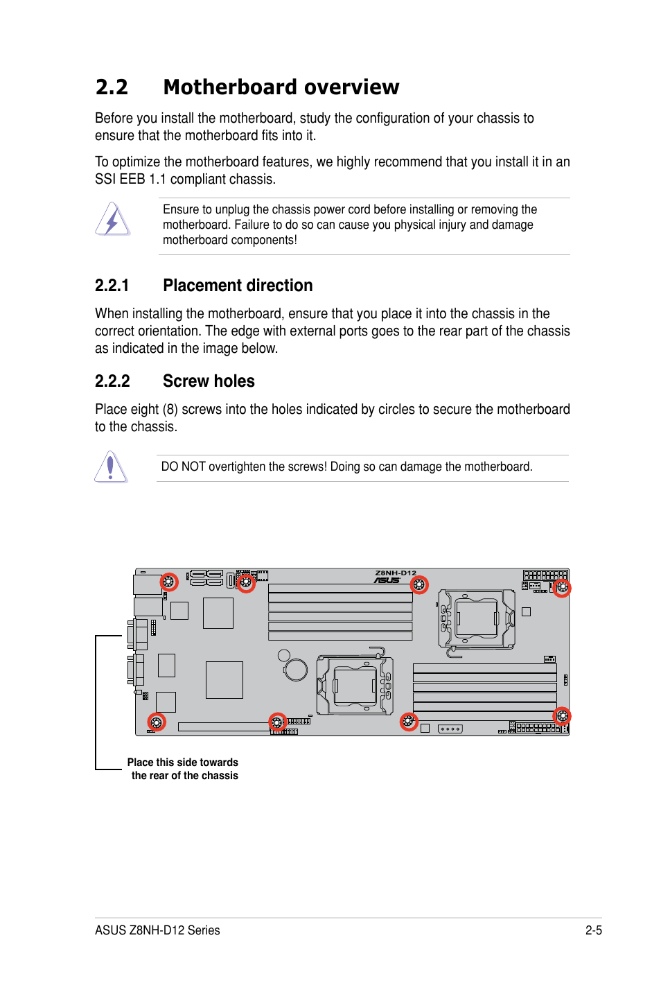 2 motherboard overview, 1 placement direction, 2 screw holes | Asus Z8PH-D12 SE/QDR User Manual | Page 23 / 178