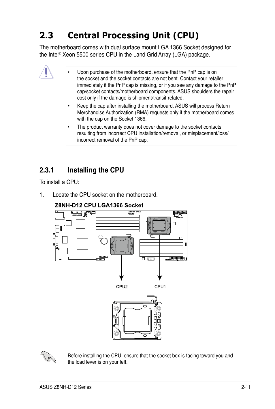 3 central processing unit (cpu), 1 installing the cpu | Asus Z8PH-D12 SE/QDR User Manual | Page 29 / 178