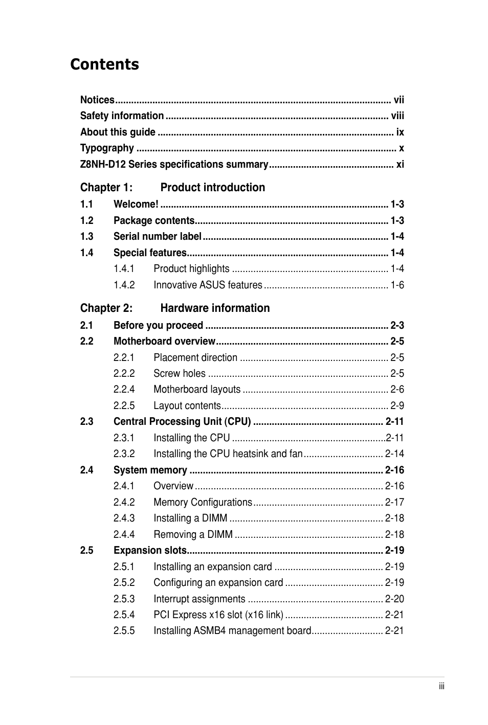 Asus Z8PH-D12 SE/QDR User Manual | Page 3 / 178