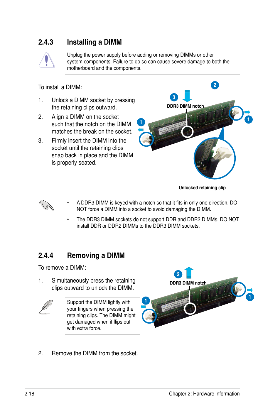 3 installing a dimm, 4 removing a dimm | Asus Z8PH-D12 SE/QDR User Manual | Page 36 / 178