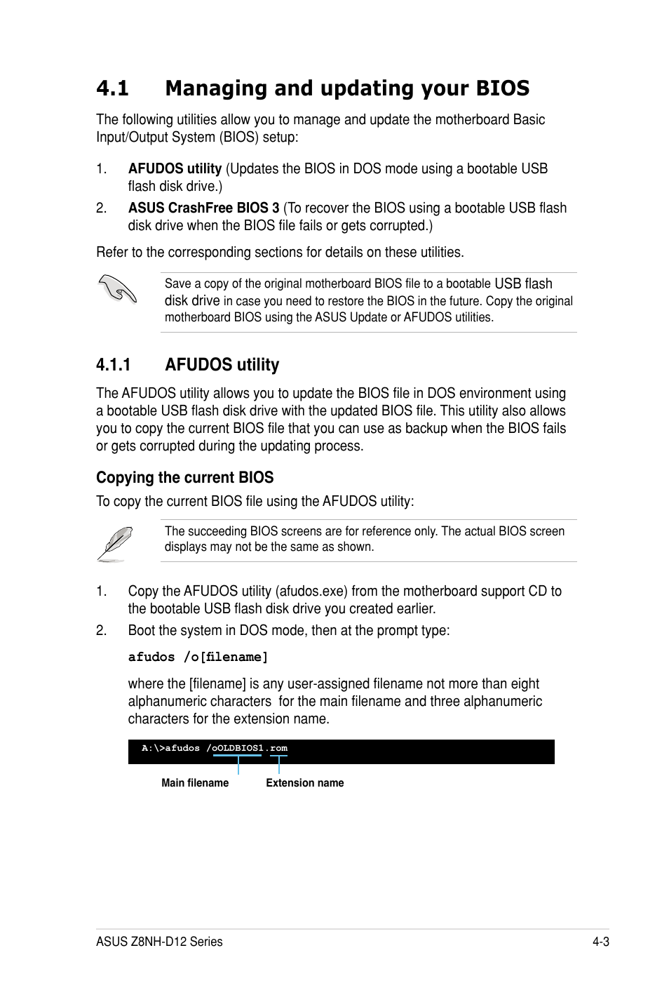 1 managing and updating your bios, 1 afudos utility | Asus Z8PH-D12 SE/QDR User Manual | Page 63 / 178