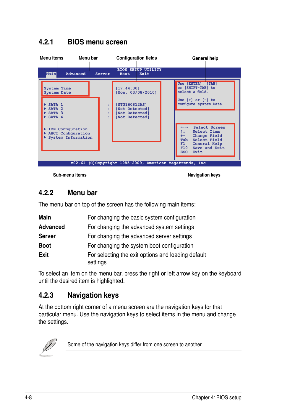 2 menu bar, 3 navigation keys, 1 bios menu screen | Asus Z8PH-D12 SE/QDR User Manual | Page 68 / 178
