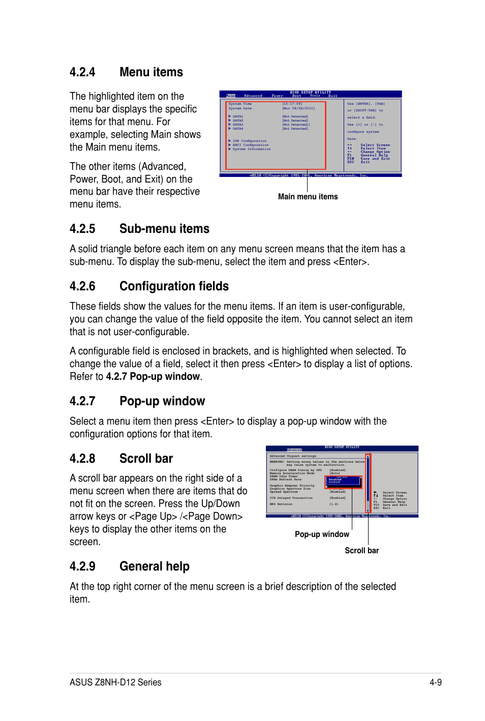 4 menu items, 5 sub-menu items, 6 configuration fields | 7 pop-up window, 8 scroll bar, 9 general help | Asus Z8PH-D12 SE/QDR User Manual | Page 69 / 178