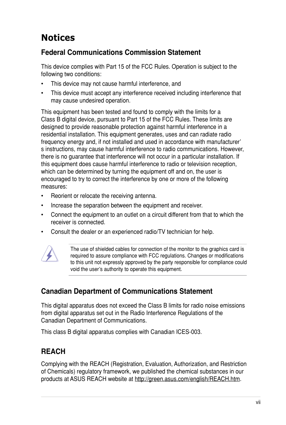 Notices, Federal communications commission statement, Canadian department of communications statement | Reach | Asus Z8PH-D12 SE/QDR User Manual | Page 7 / 178