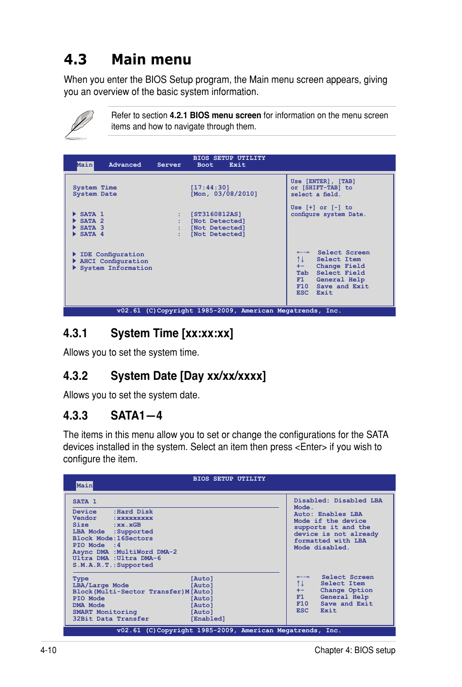 3 main menu, 1 system time [xx:xx:xx, 3 sata1—4 | Allows you to set the system time, Allows you to set the system date, 10 chapter 4: bios setup | Asus Z8PH-D12 SE/QDR User Manual | Page 70 / 178