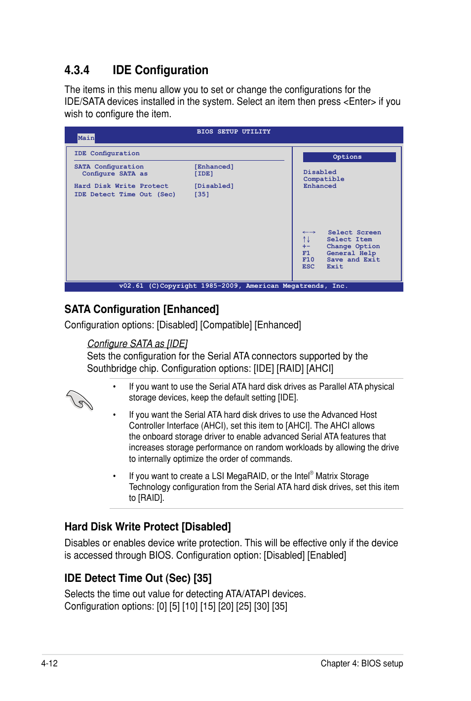 4 ide configuration, Sata configuration [enhanced, Hard disk write protect [disabled | Ide detect time out (sec) [35, Configure sata as [ide | Asus Z8PH-D12 SE/QDR User Manual | Page 72 / 178