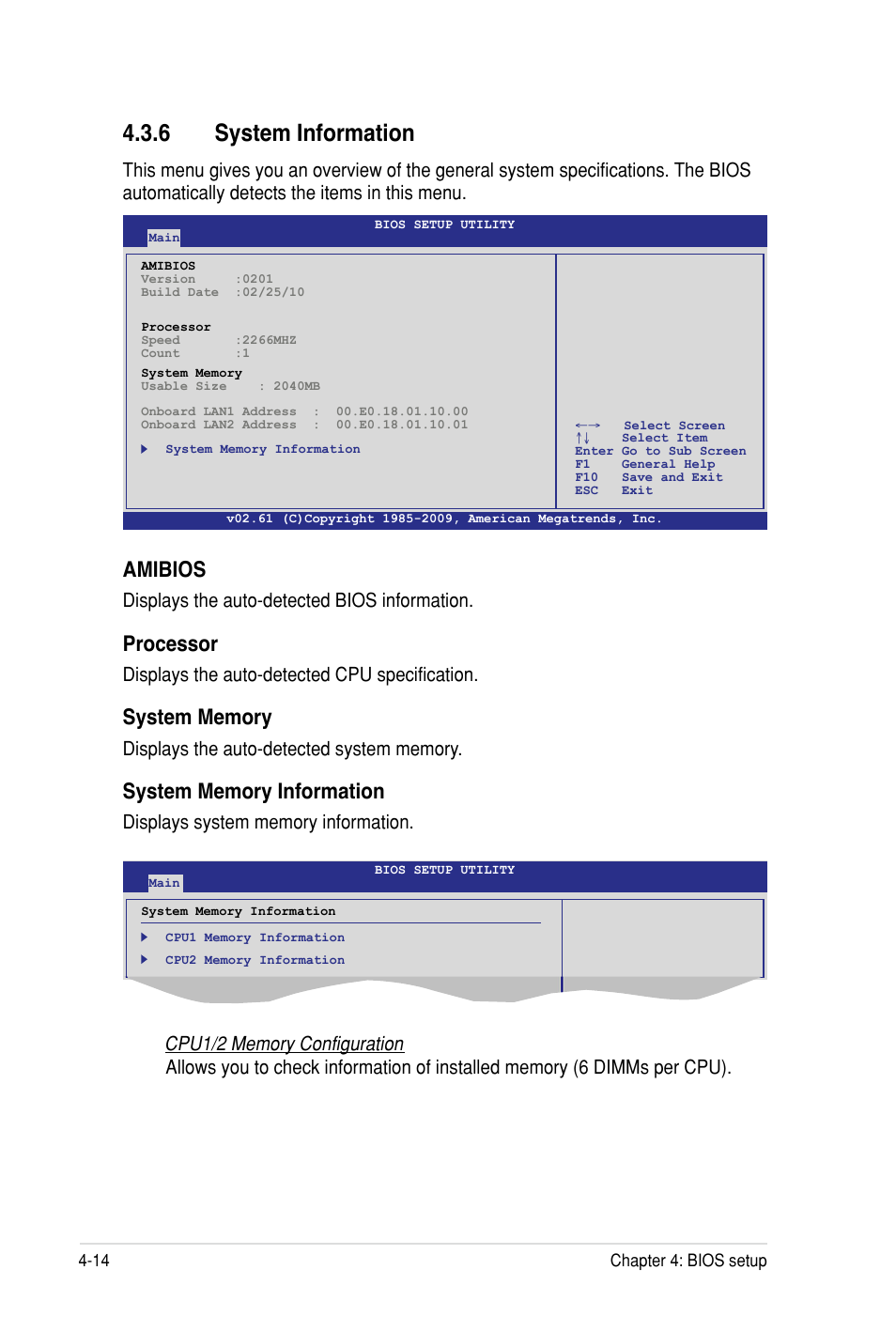 6 system information, Amibios, Processor | Displays the auto-detected bios information, Displays the auto-detected cpu specification | Asus Z8PH-D12 SE/QDR User Manual | Page 74 / 178