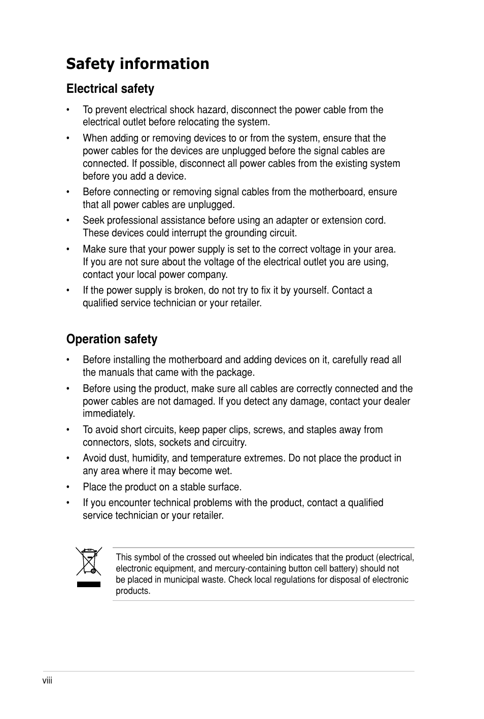 Safety information, Electrical safety, Operation safety | Asus Z8PH-D12 SE/QDR User Manual | Page 8 / 178
