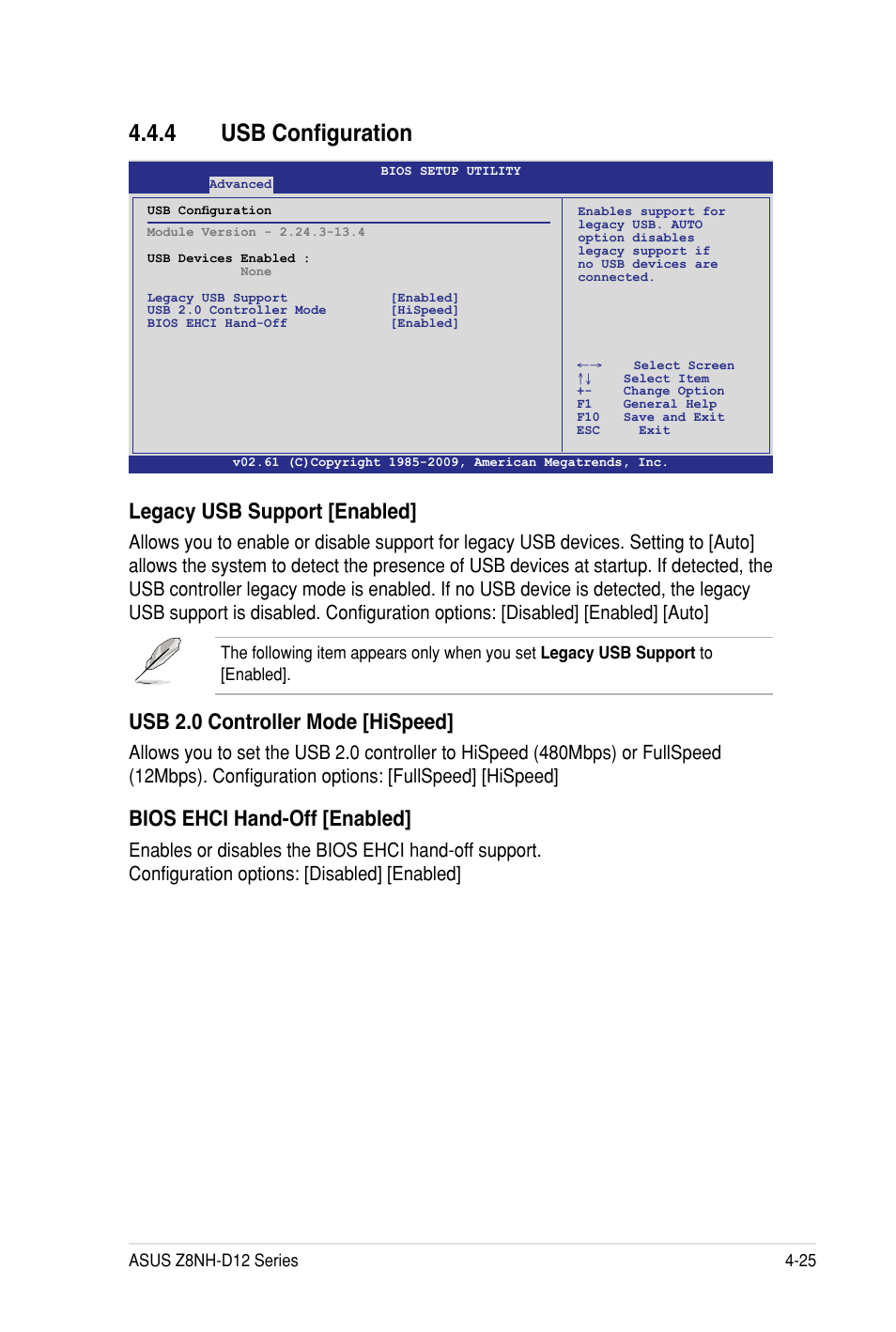4 usb configuration, Legacy usb support [enabled, Usb 2.0 controller mode [hispeed | Bios ehci hand-off [enabled | Asus Z8PH-D12 SE/QDR User Manual | Page 85 / 178