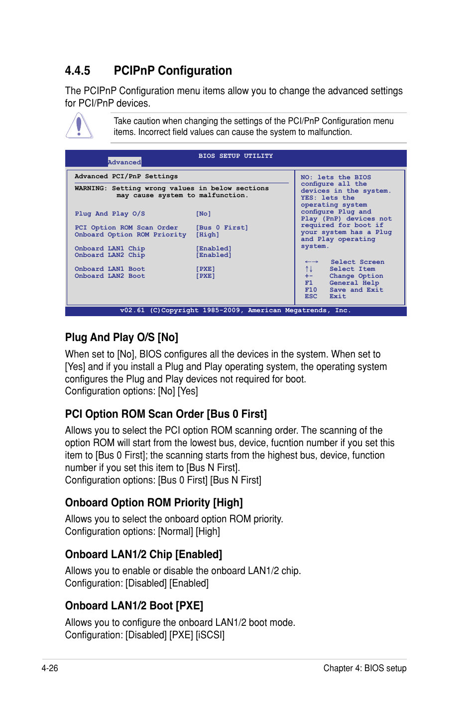 5 pcipnp configuration, Plug and play o/s [no, Pci option rom scan order [bus 0 first | Onboard option rom priority [high, Onboard lan1/2 chip [enabled, Onboard lan1/2 boot [pxe | Asus Z8PH-D12 SE/QDR User Manual | Page 86 / 178