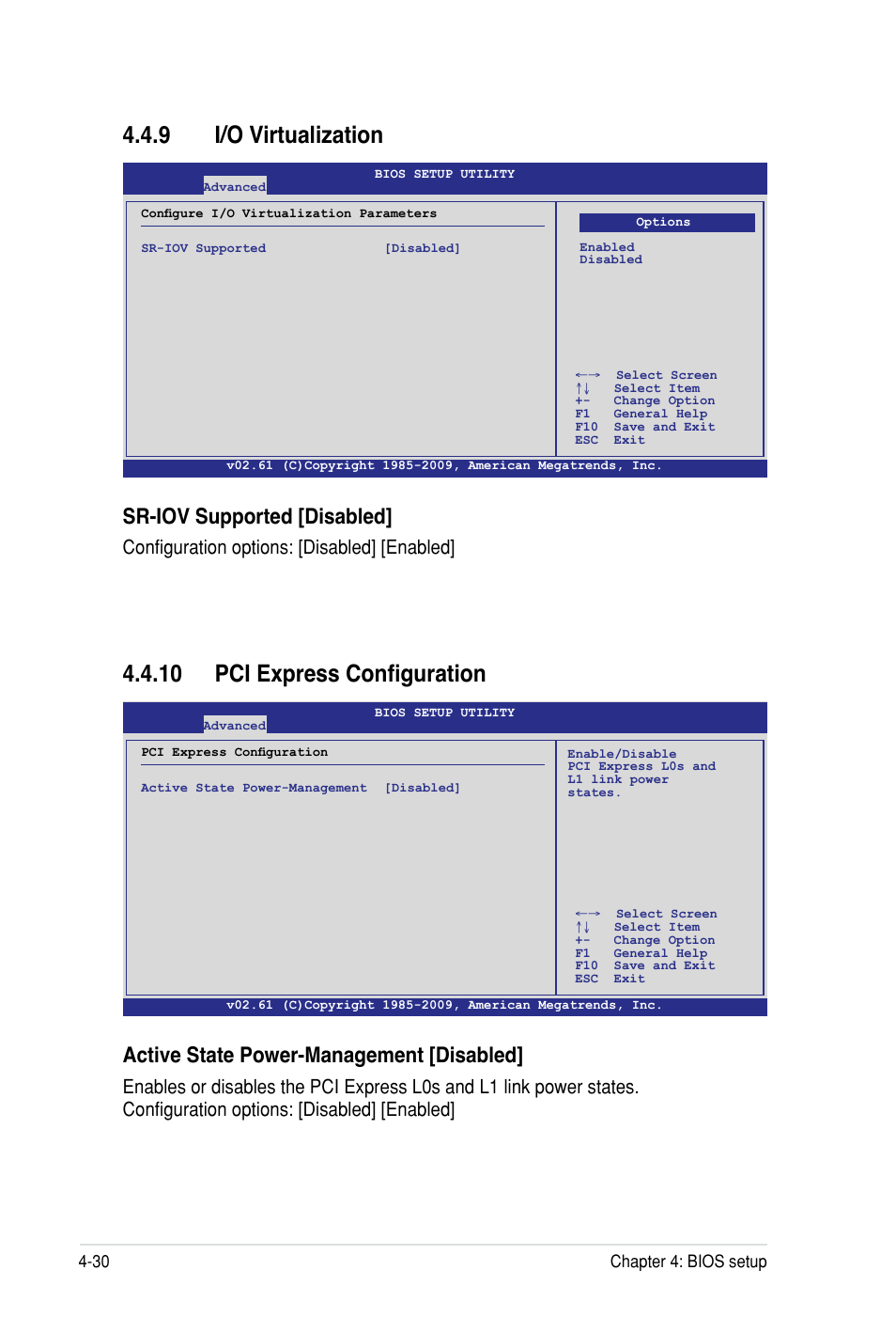 9 i/o virtualization, 10 pci express configuration, Sr-iov supported [disabled | Active state power-management [disabled, Configuration options: [disabled] [enabled | Asus Z8PH-D12 SE/QDR User Manual | Page 90 / 178
