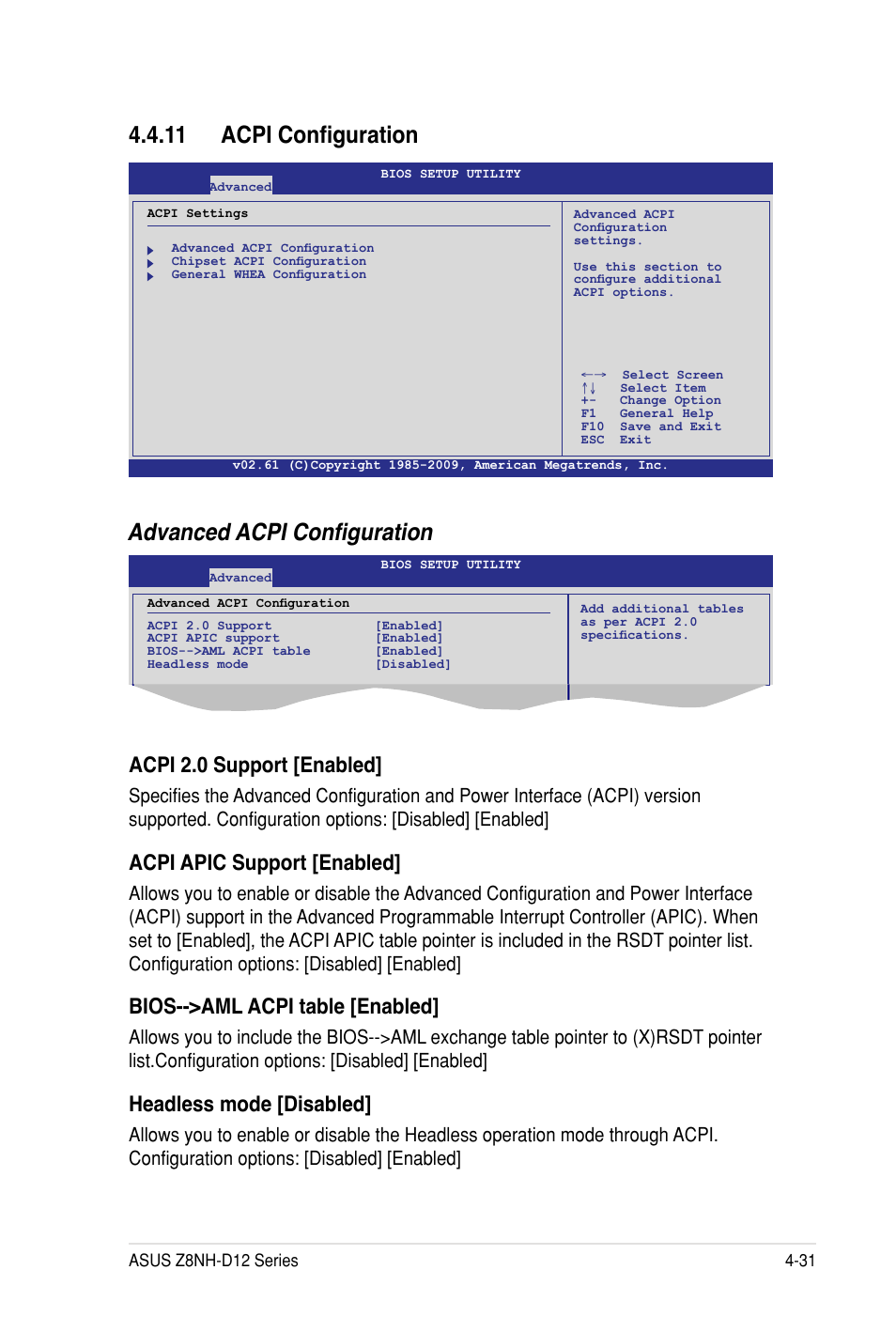 11 acpi configuration, Advanced acpi configuration, Acpi 2.0 support [enabled | Acpi apic support [enabled, Bios-->aml acpi table [enabled, Headless mode [disabled | Asus Z8PH-D12 SE/QDR User Manual | Page 91 / 178