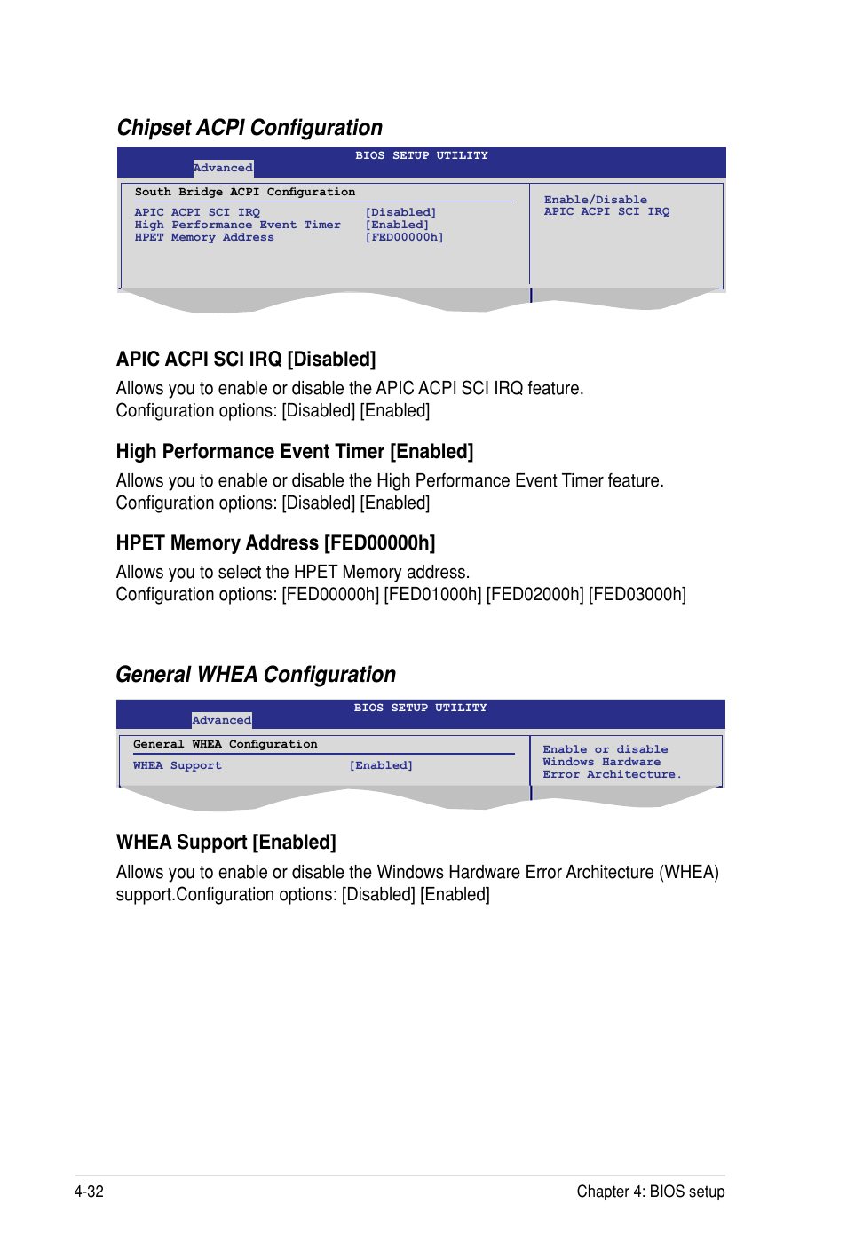 Chipset acpi configuration, General whea configuration, Apic acpi sci irq [disabled | High performance event timer [enabled, Whea support [enabled | Asus Z8PH-D12 SE/QDR User Manual | Page 92 / 178