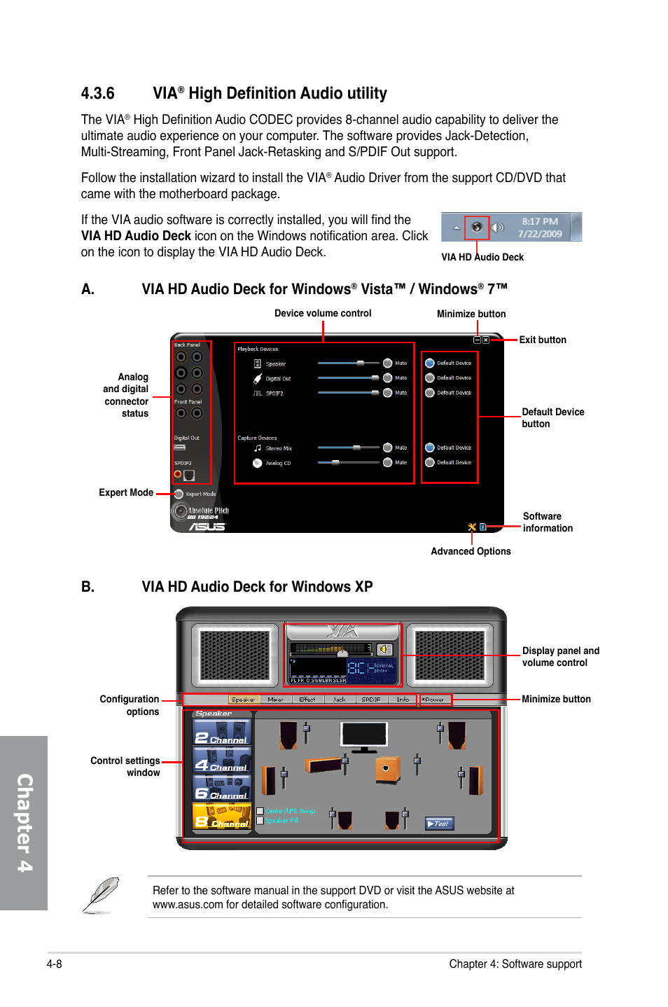 6 via® high definition audio utility, High definition audio utility -8, Chapter 4 | 6 via, High definition audio utility, B. via hd audio deck for windows xp, A. via hd audio deck for windows, Vista™ / windows | Asus P7P55D PRO User Manual | Page 106 / 128