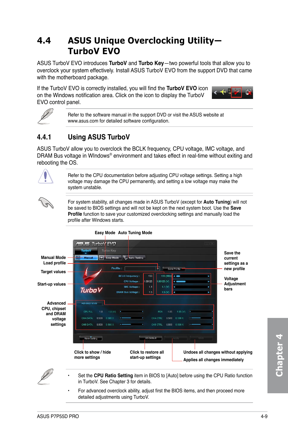 4 asus unique overclocking utility— turbov evo, 1 using asus turbov, Using asus turbov -9 | Asus P7P55D PRO User Manual | Page 107 / 128