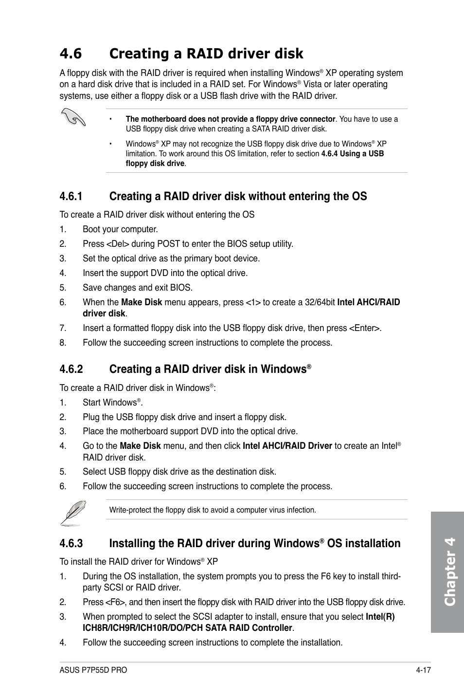 6 creating a raid driver disk, 2 creating a raid driver disk in windows, Creating a raid driver disk -17 4.6.1 | Creating a raid driver disk in windows, Installing the raid driver during windows, Os installation -17, Chapter 4 4.6 creating a raid driver disk, 3 installing the raid driver during windows, Os installation | Asus P7P55D PRO User Manual | Page 115 / 128