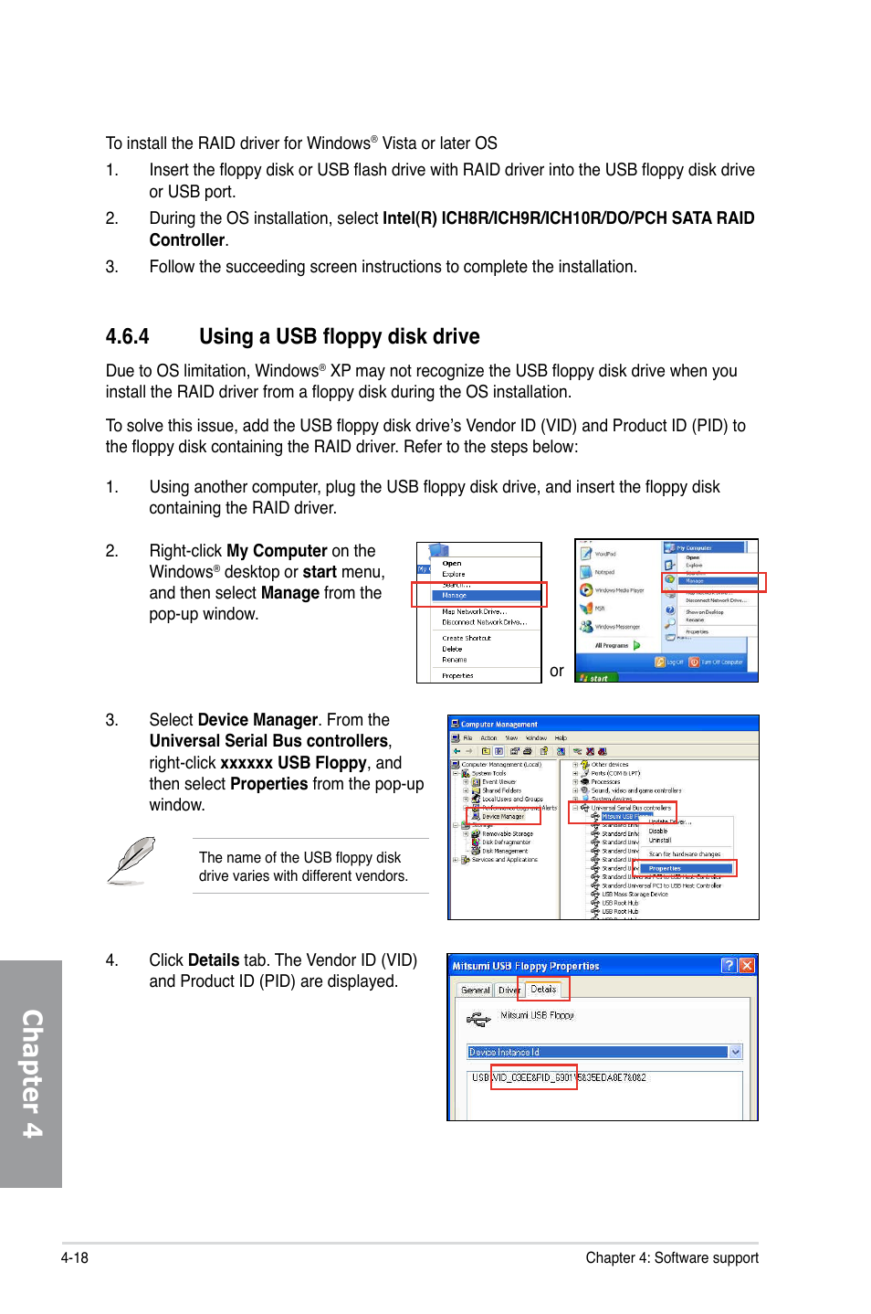 4 using a usb floppy disk drive, Using a usb floppy disk drive -18, Chapter 4 | Asus P7P55D PRO User Manual | Page 116 / 128