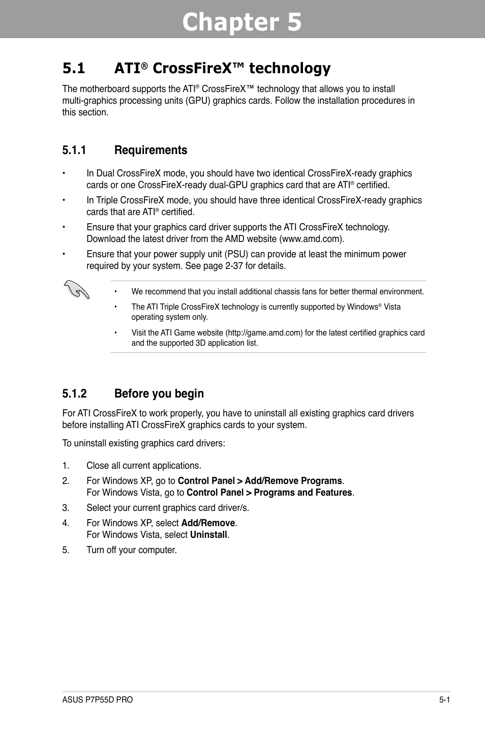 Chapter 5: multiple gpu technology support, 1 ati® crossfirex™ technology, 1 requirements | 2 before you begin, Chapter 5, Multiple gpu technology support, Crossfirex™ technology -1, Requirements -1, Before you begin -1, 1 ati | Asus P7P55D PRO User Manual | Page 119 / 128