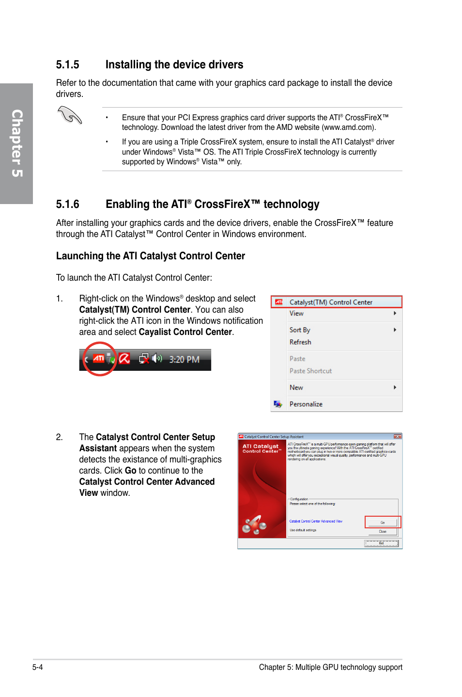 5 installing the device drivers, 6 enabling the ati® crossfirex™ technology, Installing the device drivers -4 | Enabling the ati, Crossfirex™ technology -4, Chapter 5, 6 enabling the ati, Crossfirex™ technology | Asus P7P55D PRO User Manual | Page 122 / 128